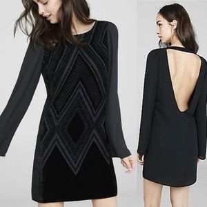 Express Black Velvet Long Sleeve Open Back Dress
